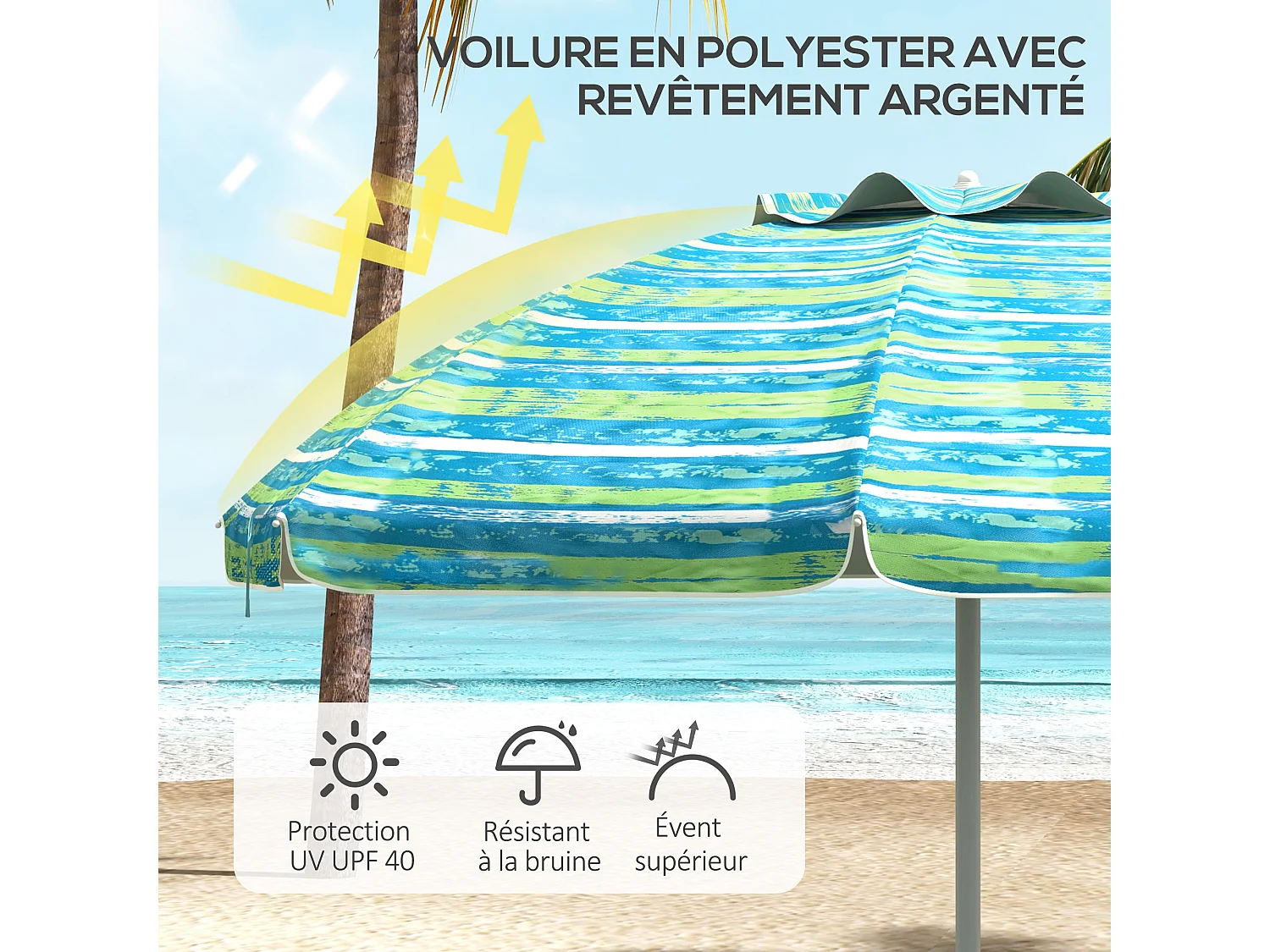 Parasol inclinable réglable de plage protection UV50+ Ø190 cm sac et porte-gobelets inclus