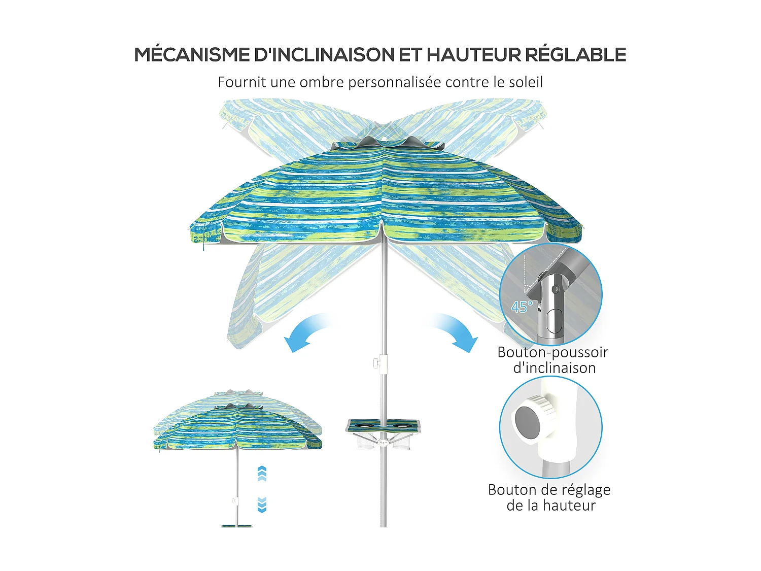 Parasol inclinable réglable de plage protection UV50+ Ø190 cm sac et porte-gobelets inclus