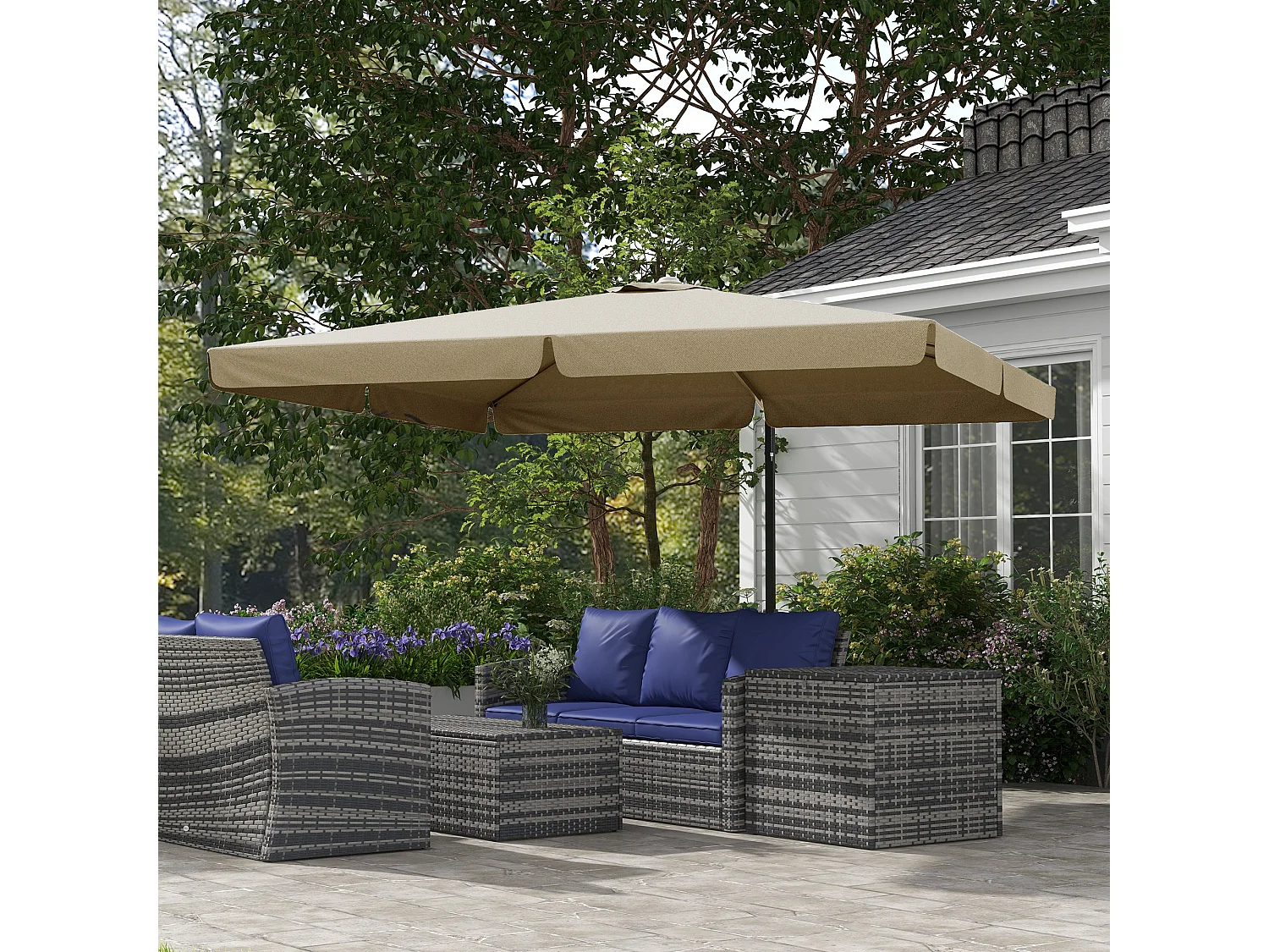 Parasol déporté carré inclinable manivelle avec piètement croix alu beige