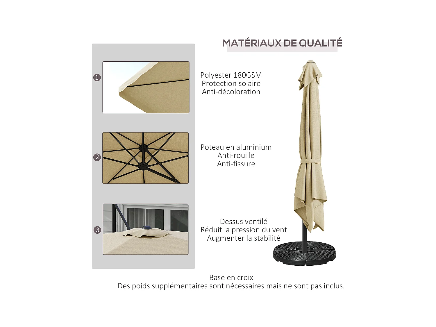 Parasol déporté carré inclinable manivelle avec piètement croix alu beige