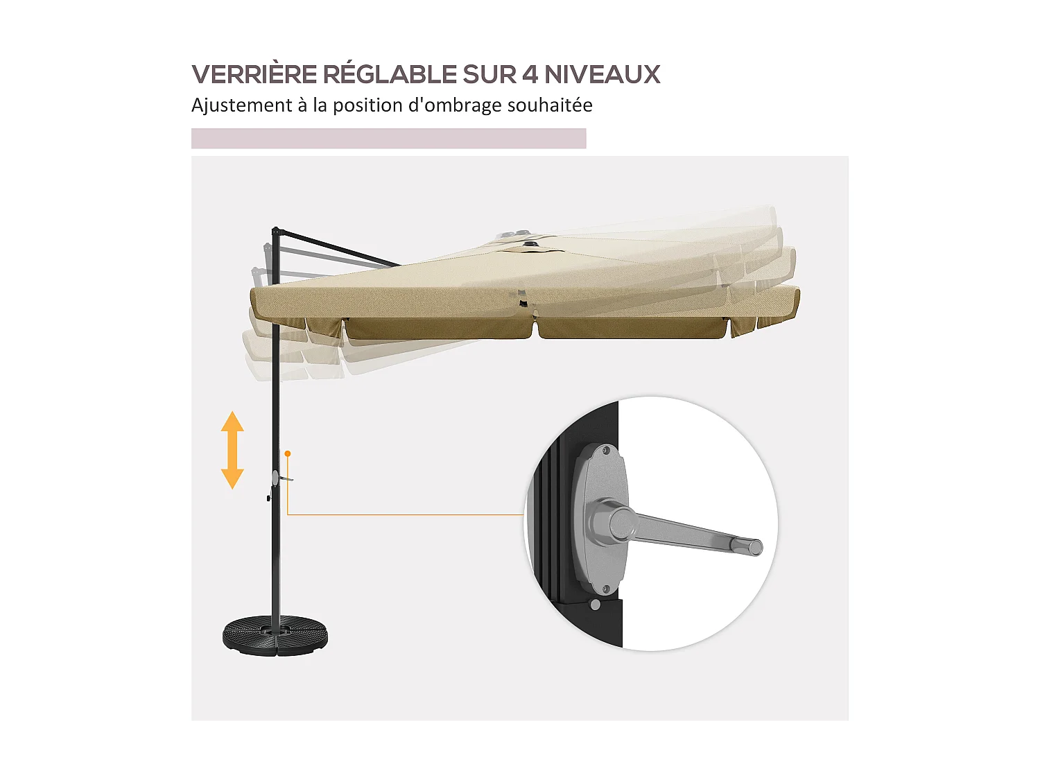 Parasol déporté carré inclinable manivelle avec piètement croix alu beige