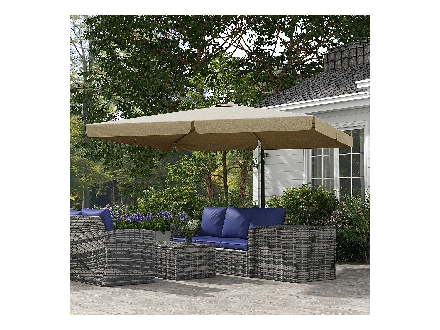 Parasol déporté carré inclinable manivelle avec piètement croix alu beige