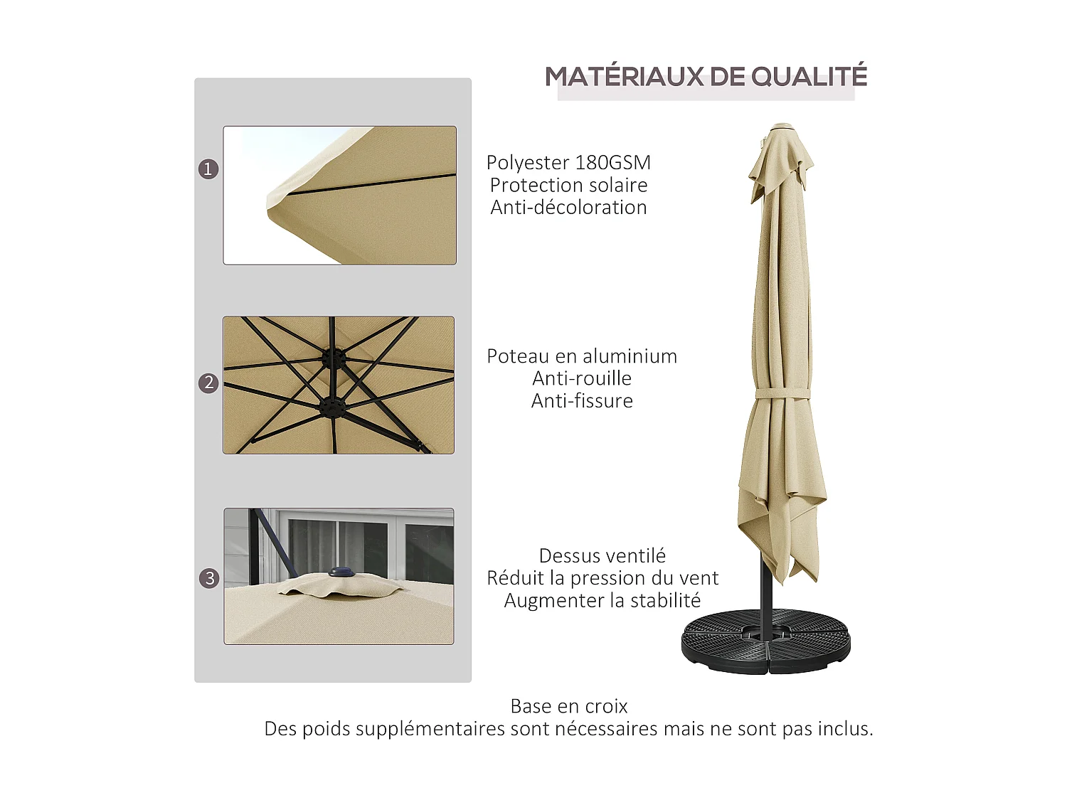 Parasol déporté carré inclinable manivelle avec piètement croix alu beige