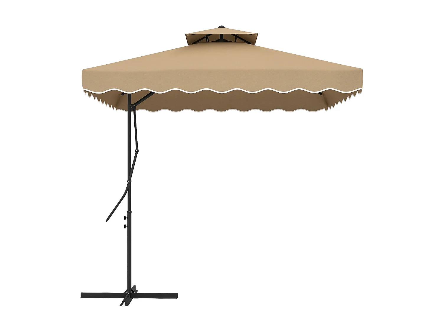 Parasol déporté carré pied en croix double toit lambrequin vague douce kaki
