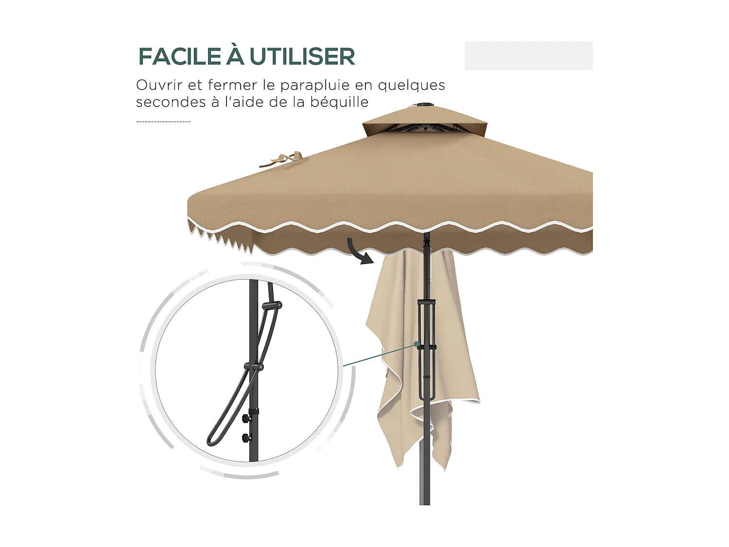 Parasol déporté carré pied en croix double toit lambrequin vague douce kaki
