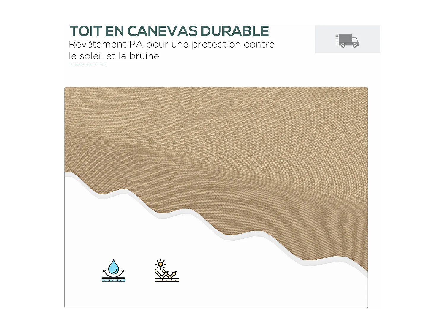 Parasol déporté carré pied en croix double toit lambrequin vague douce kaki