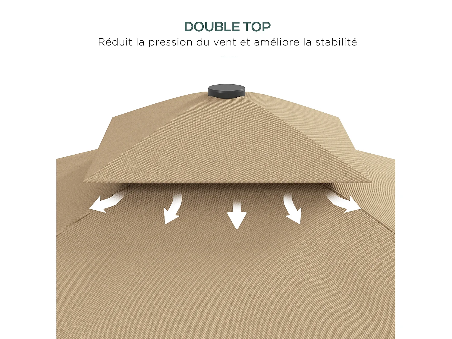 Parasol déporté carré pied en croix double toit lambrequin vague douce kaki