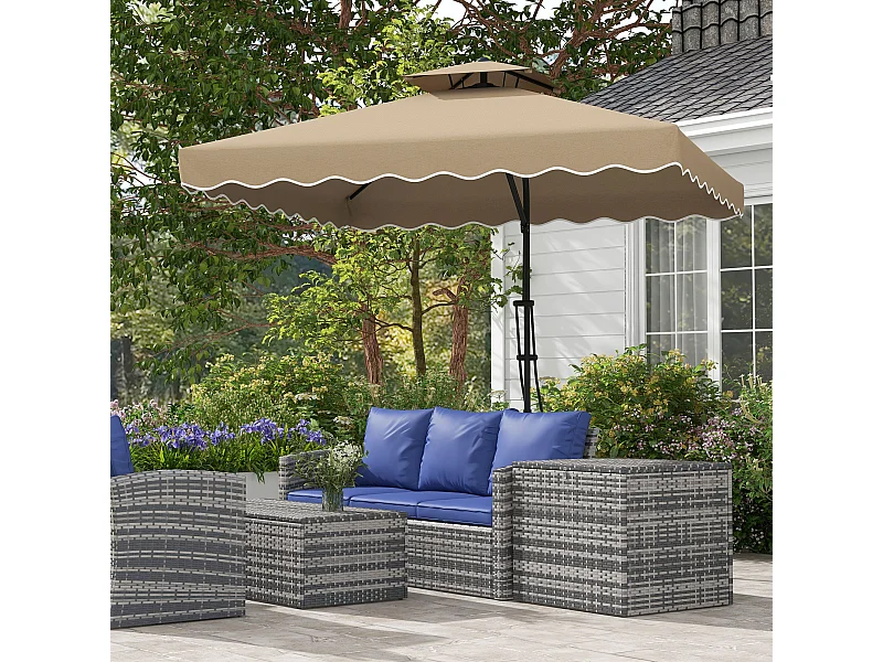 Parasol déporté carré pied en croix double toit lambrequin vague douce kaki