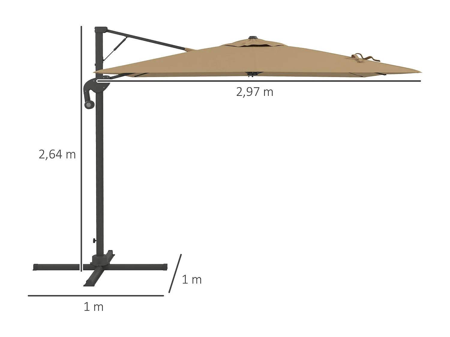 Parasol déporté carré pivotant 360° manivelle dim. 2,97L x 2,97l x 2,64H m alu. polyester kaki