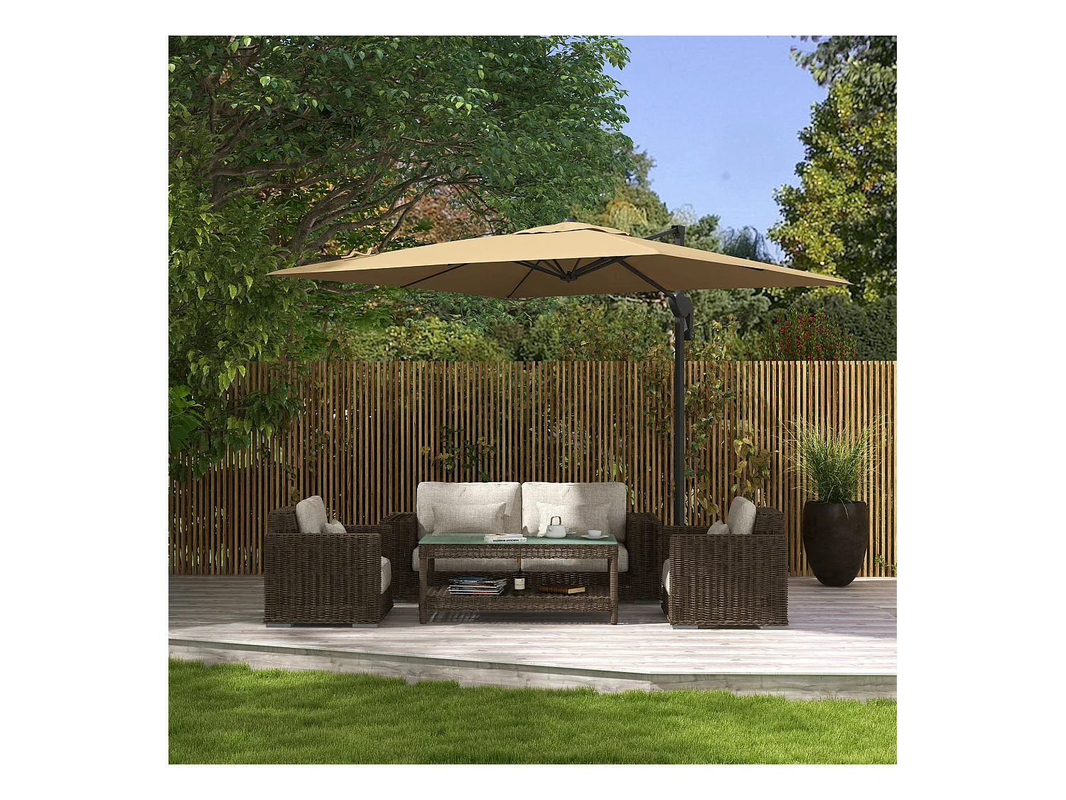 Parasol déporté carré pivotant 360° manivelle dim. 2,97L x 2,97l x 2,64H m alu. polyester kaki