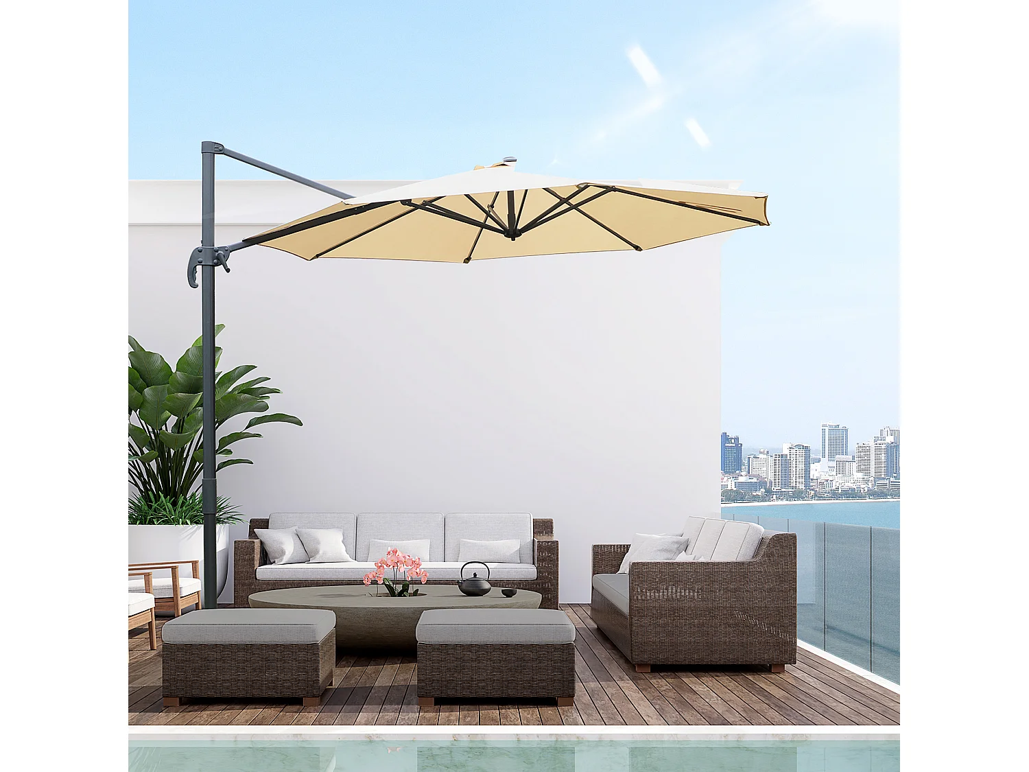 Parasol déporté octogonal inclinable rotatif 360° manivelle piètement acier mât alu. dim. Ø 2,95 x 2,5H m polyester haute densité beige