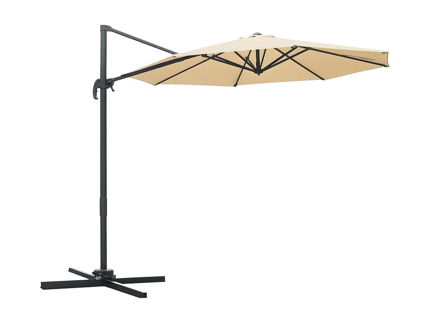 Parasol déporté octogonal inclinable rotatif 360° manivelle piètement acier mât alu. dim. Ø 2,95 x 2,5H m polyester haute densité beige