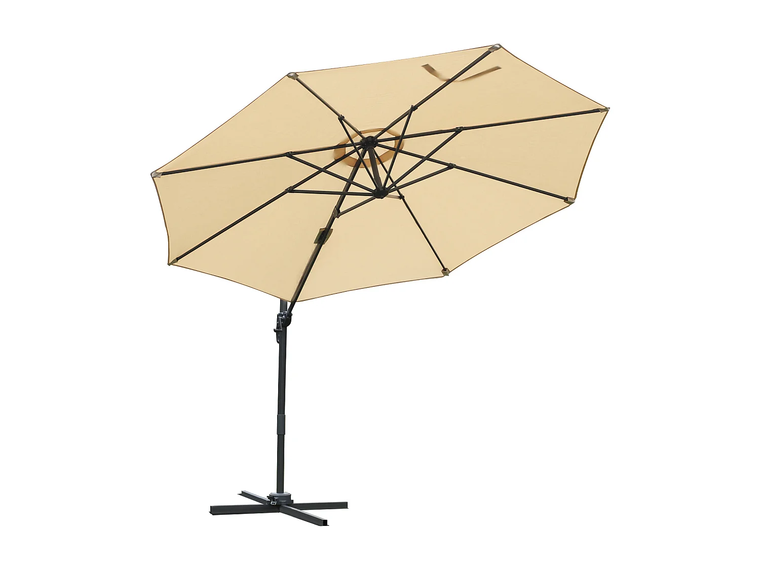 Parasol déporté octogonal inclinable rotatif 360° manivelle piètement acier mât alu. dim. Ø 2,95 x 2,5H m polyester haute densité beige