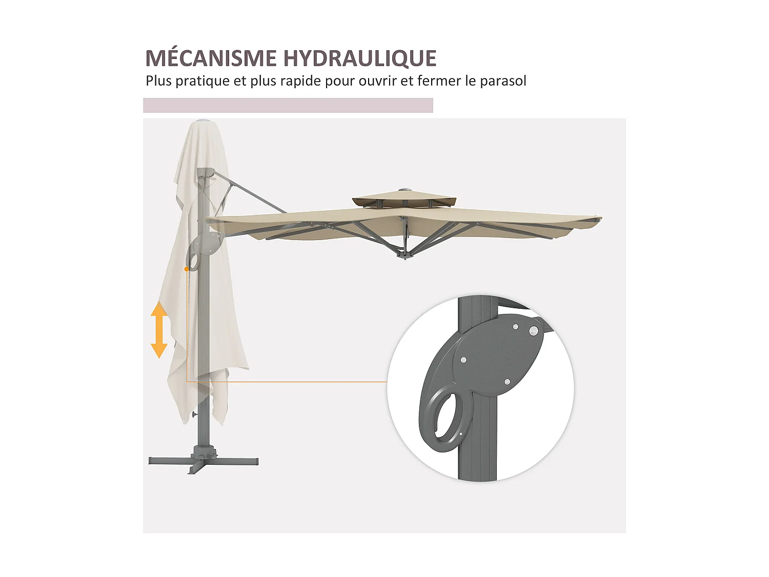 Parasol déporté carré pivotant 360° manivelle dim. 2,97L x 2,97l x 2,64H m alu. polyester beige