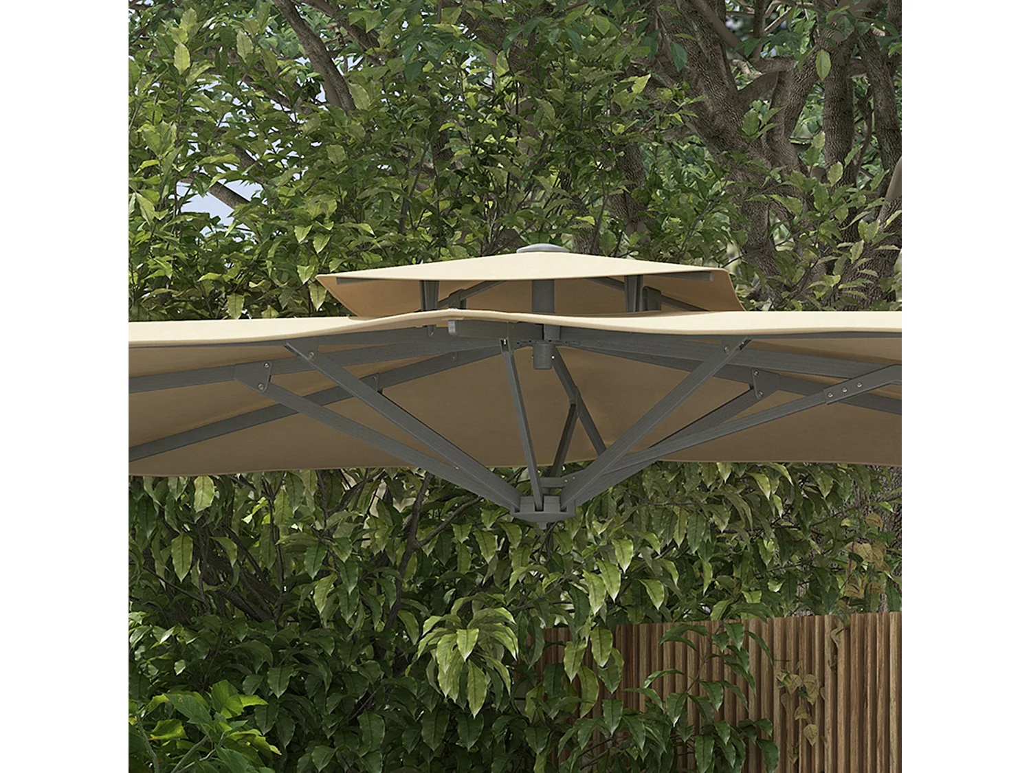 Parasol déporté carré pivotant 360° manivelle dim. 2,97L x 2,97l x 2,64H m alu. polyester beige