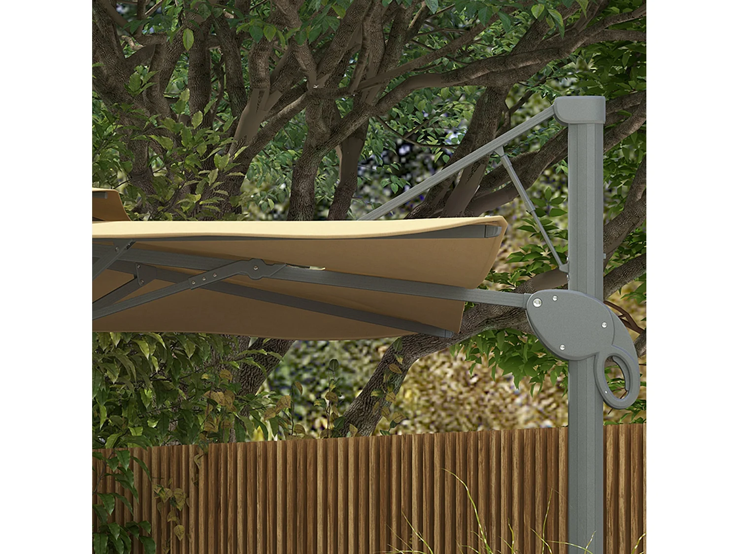 Parasol déporté carré pivotant 360° manivelle dim. 2,97L x 2,97l x 2,64H m alu. polyester beige