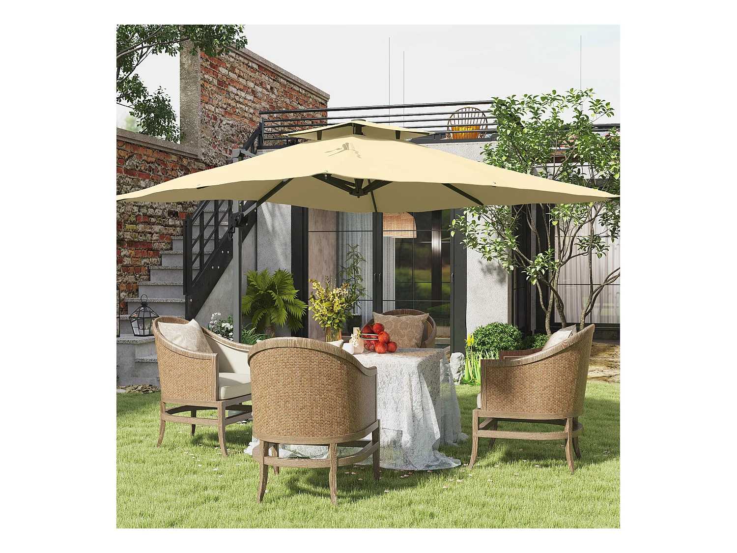 Parasol déporté carré pivotant 360° manivelle dim. 2,97L x 2,97l x 2,64H m alu. polyester beige