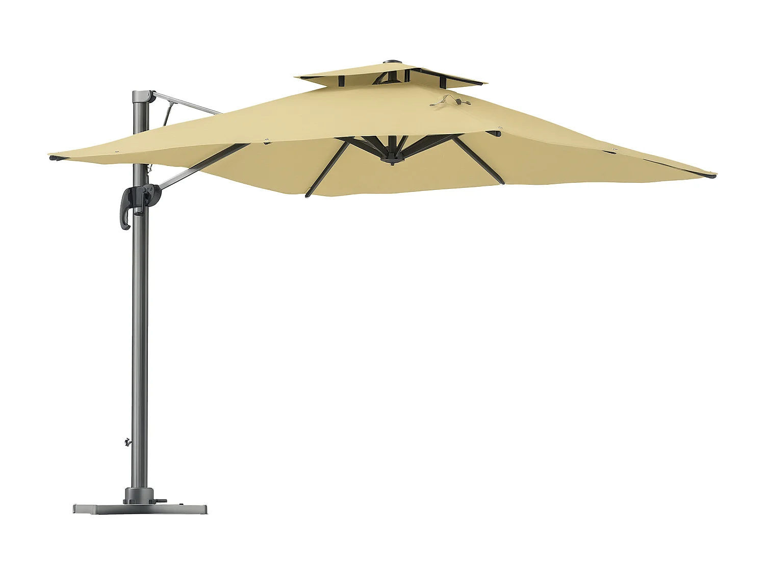 Parasol déporté carré pivotant 360° manivelle dim. 2,97L x 2,97l x 2,64H m alu. polyester beige