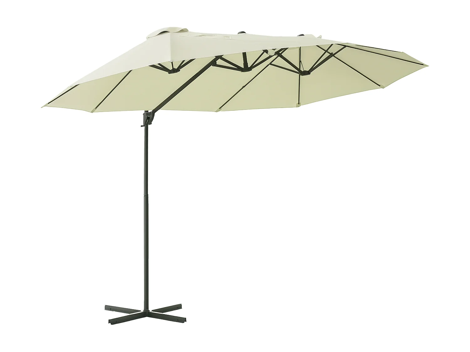 Parasol déporté grande taille XXL inclinable dim. 4,4L x 2,7l x 2,5H m piètement en acier inclus polyester crème