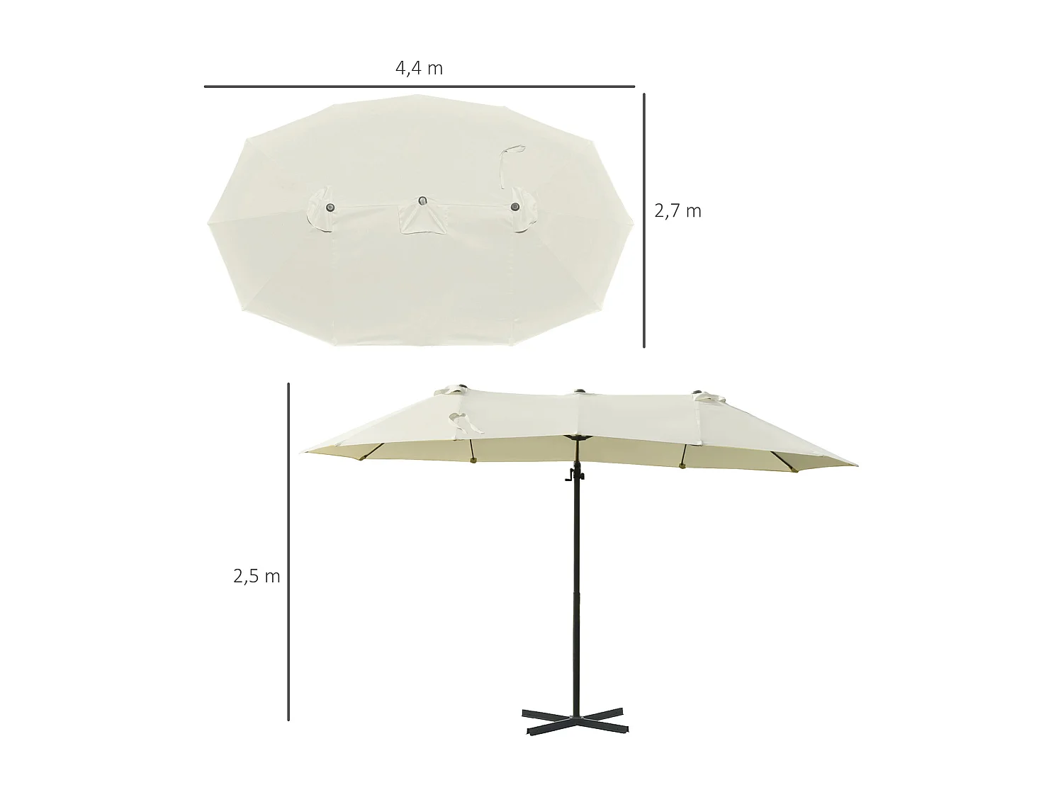 Parasol déporté grande taille XXL inclinable dim. 4,4L x 2,7l x 2,5H m piètement en acier inclus polyester crème