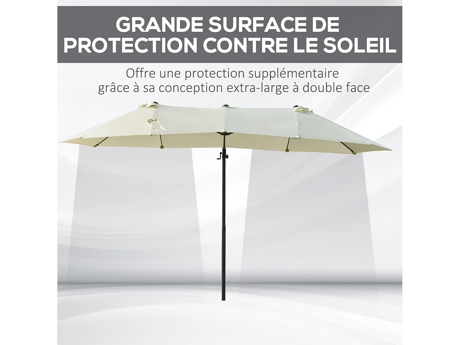 Parasol déporté grande taille XXL inclinable dim. 4,4L x 2,7l x 2,5H m piètement en acier inclus polyester crème