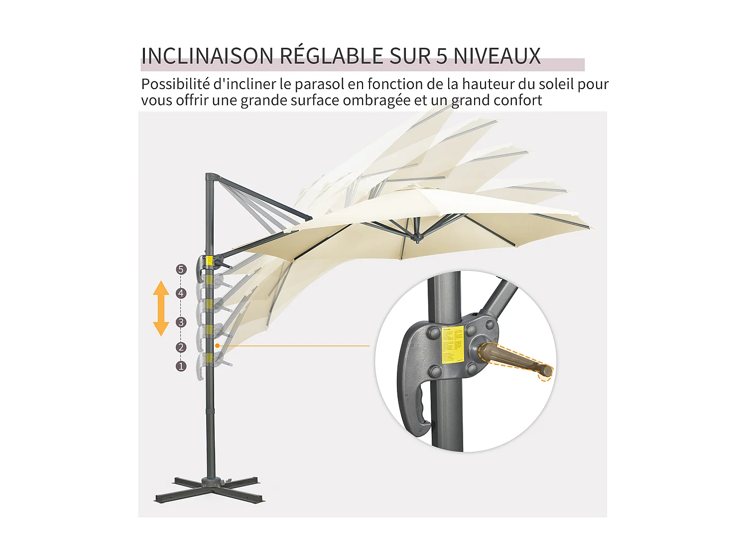 Parasol déporté octogonal inclinable manivelle avec pied en acier Ø 2,94 x 2,48H m beige clair