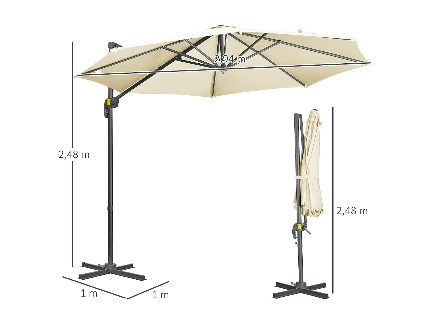 Parasol déporté octogonal inclinable manivelle avec pied en acier Ø 2,94 x 2,48H m beige clair