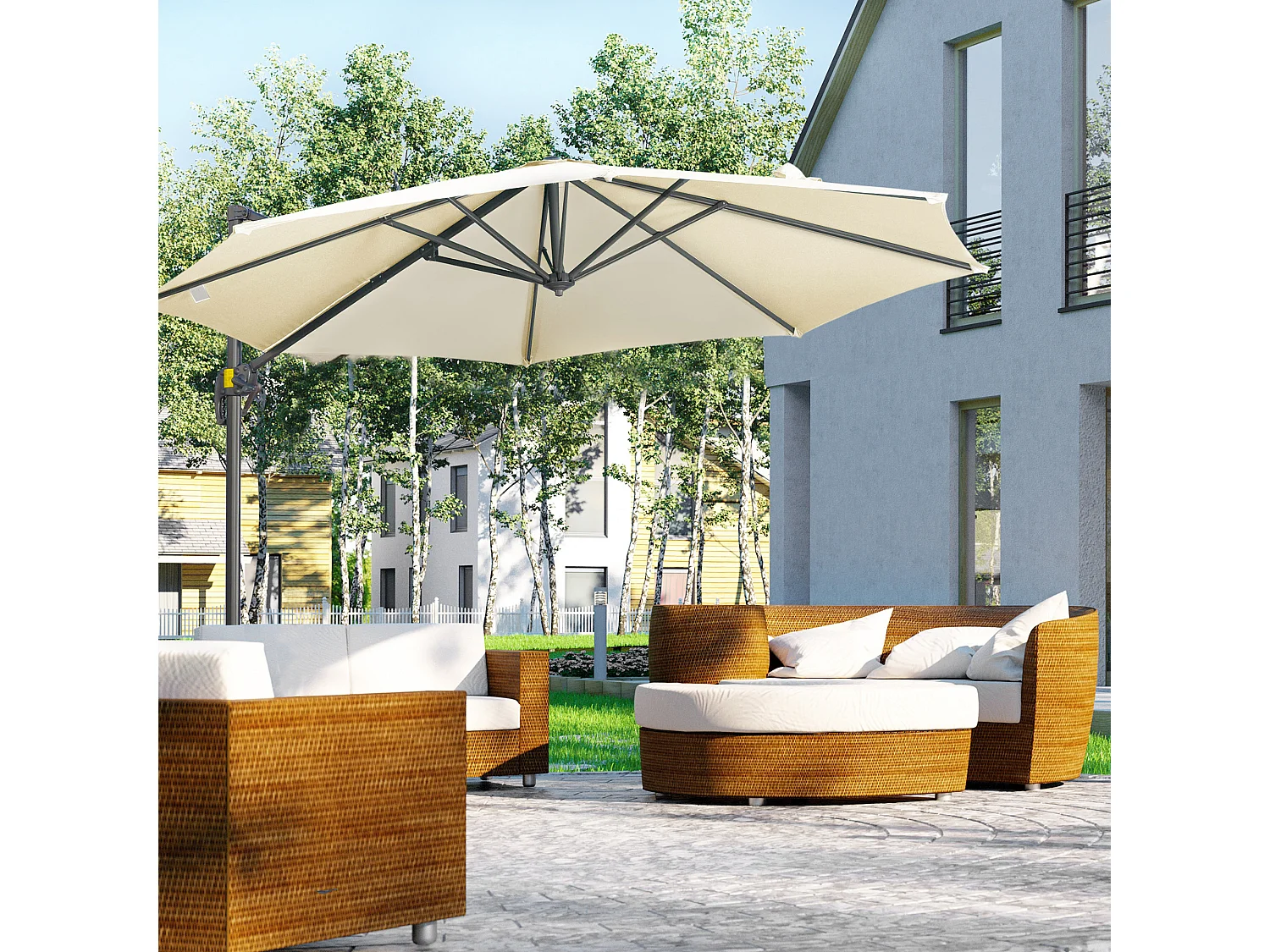 Parasol déporté octogonal inclinable manivelle avec pied en acier Ø 2,94 x 2,48H m beige clair
