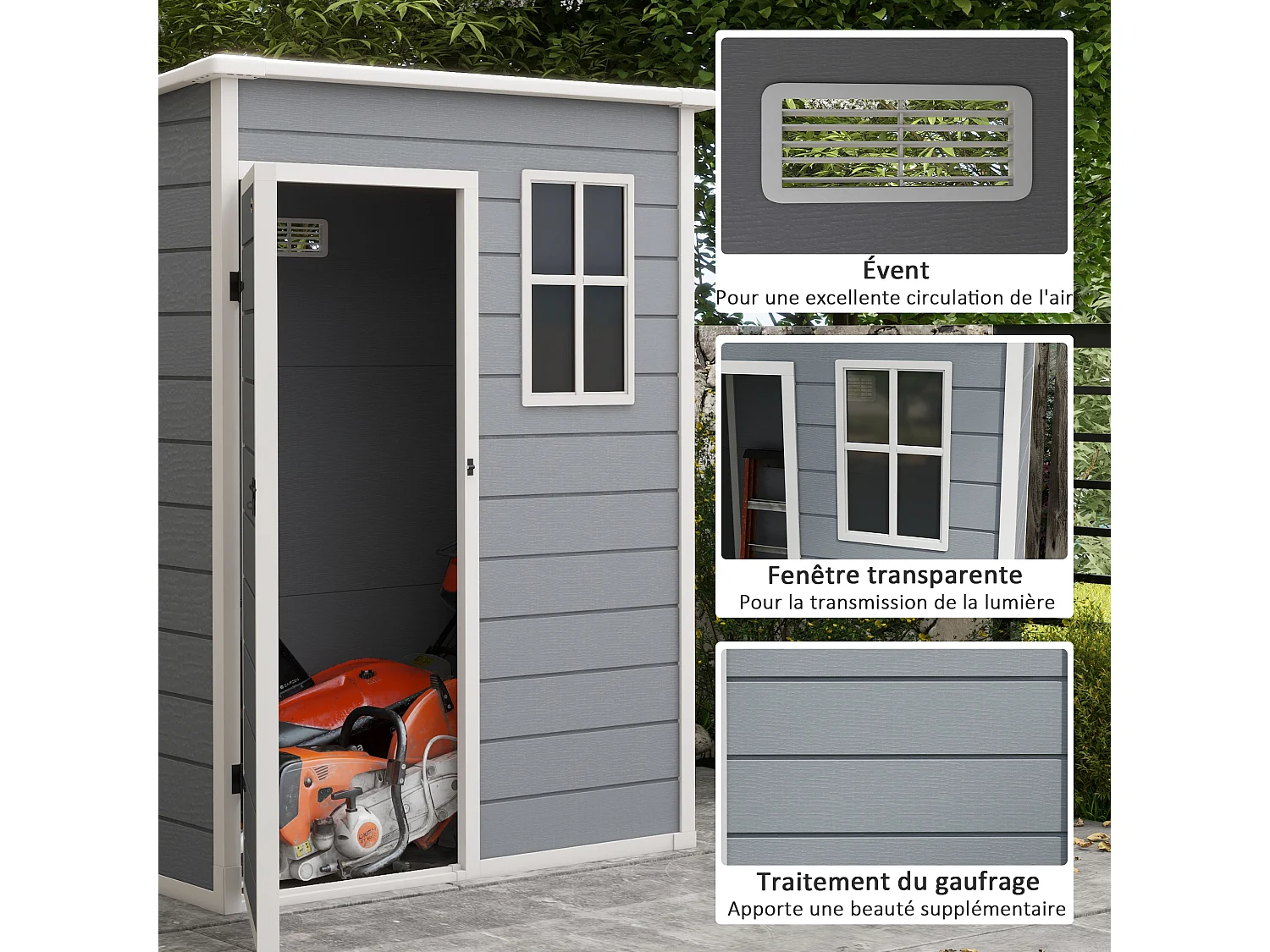 Abri de jardin - remise pour outils - cabanon porte verrouillable, fenêtre - dim. 151L x 92l x 193H cm - alu PP gris blanc