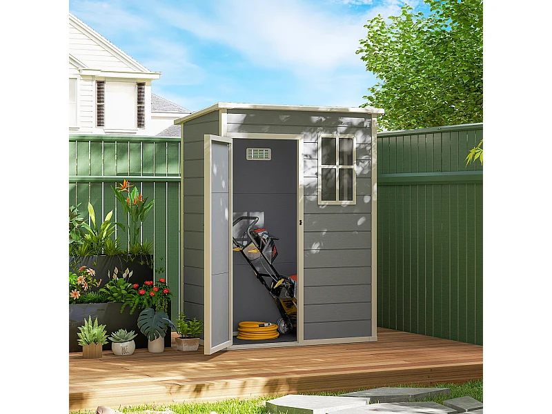 Abri de jardin - remise pour outils - cabanon porte verrouillable, fenêtre - dim. 151L x 92l x 193H cm - alu PP gris blanc