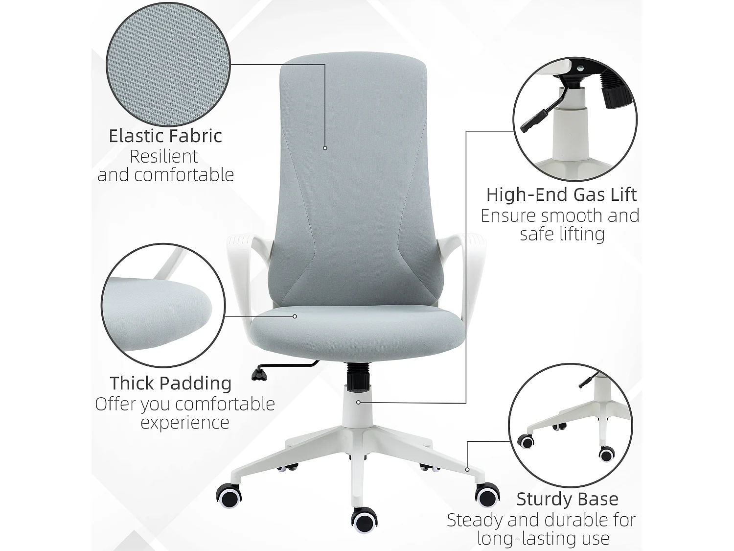 Fauteuil de Bureau ergonomique avec accoudoirs et roulettes pivotant - Fonction Inclinaison et Hauteur réglable dim. 62L x 56l x 119,5H cm - Gris clair