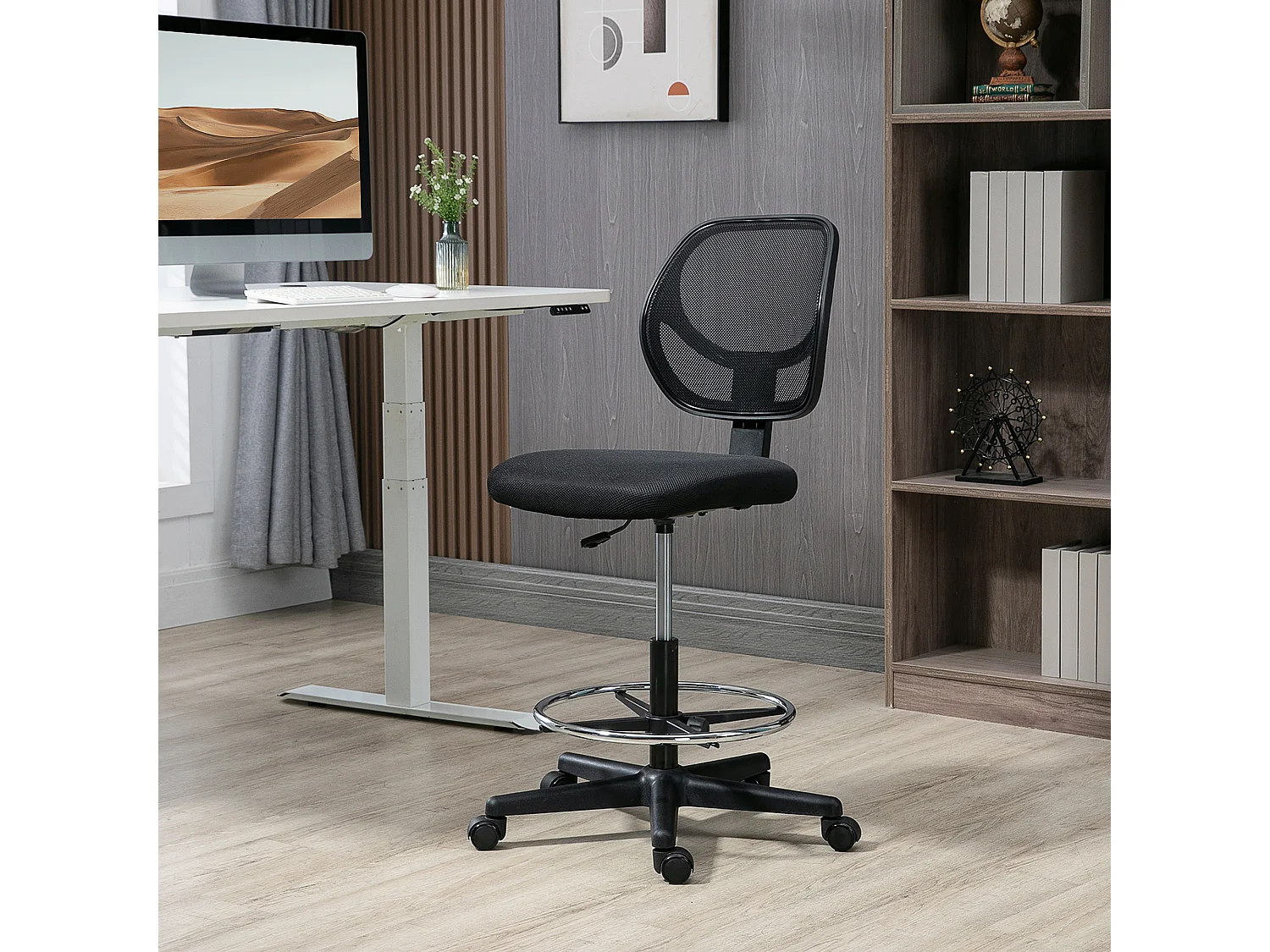 Chaise de bureau assise haute réglable dim. 59L x 61l x 93-113H cm pivotant 360° tissu maille respirante noir