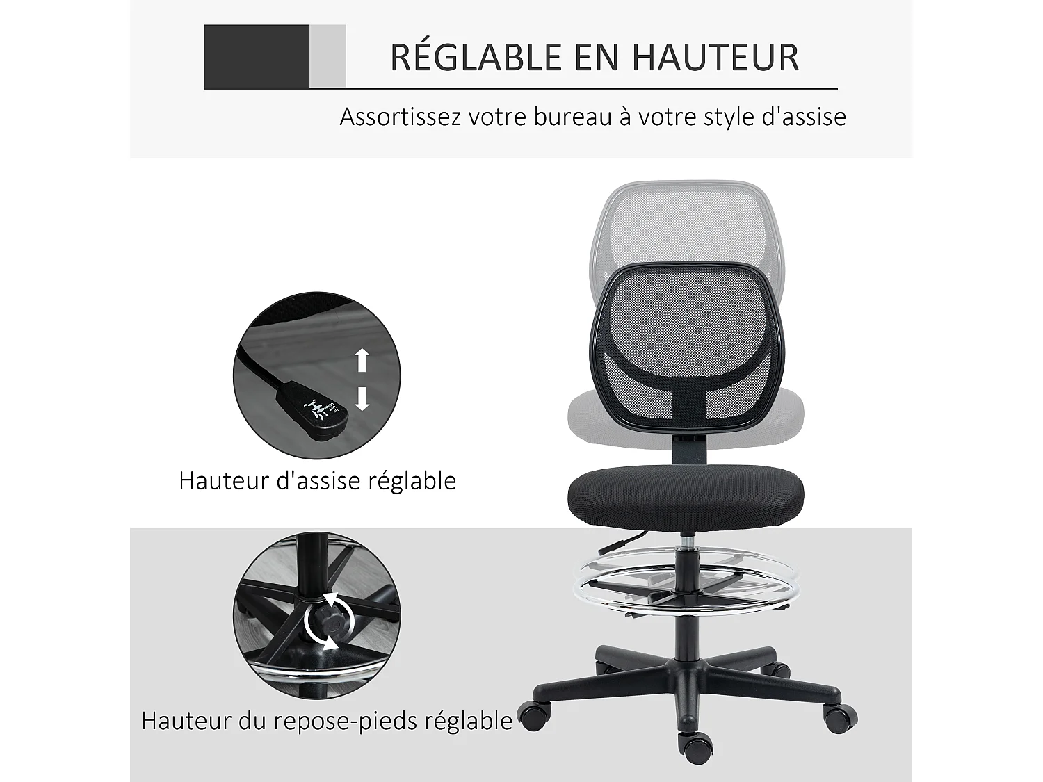 Chaise de bureau assise haute réglable dim. 59L x 61l x 93-113H cm pivotant 360° tissu maille respirante noir