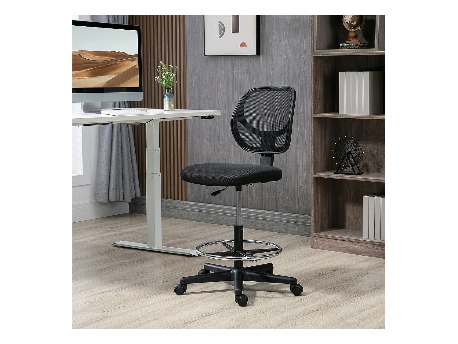 Chaise de bureau assise haute réglable dim. 59L x 61l x 93-113H cm pivotant 360° tissu maille respirante noir