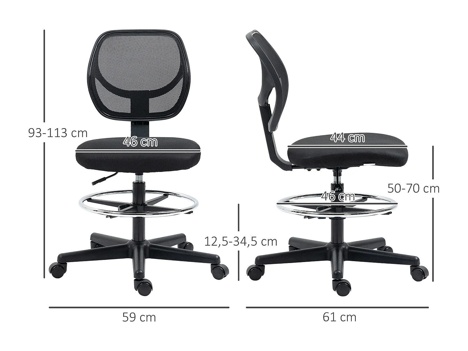 Chaise de bureau assise haute réglable dim. 59L x 61l x 93-113H cm pivotant 360° tissu maille respirante noir