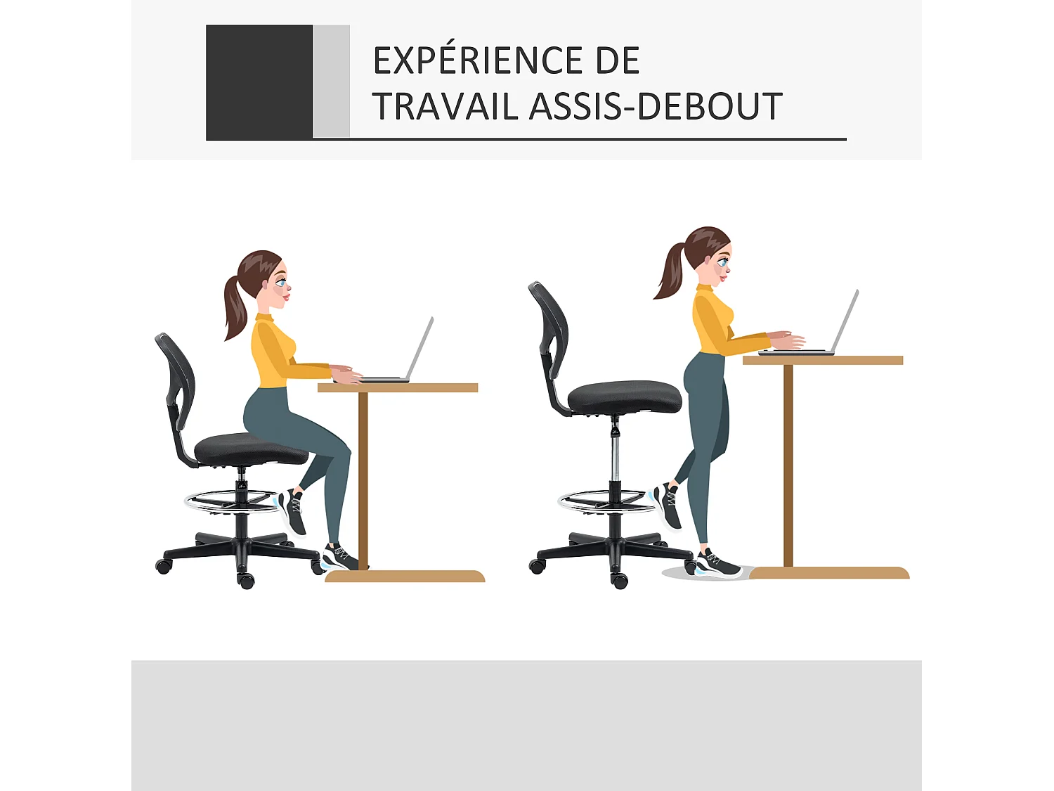 Chaise de bureau assise haute réglable dim. 59L x 61l x 93-113H cm pivotant 360° tissu maille respirante noir