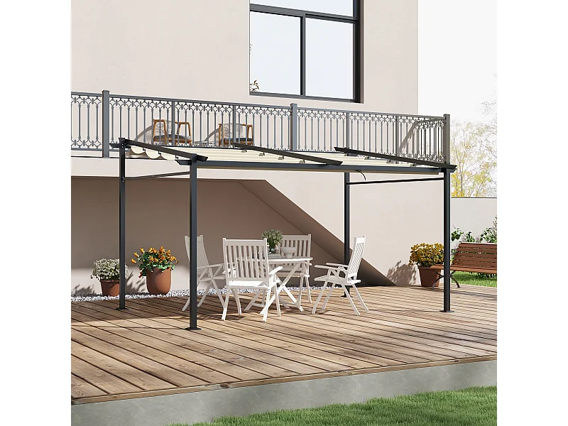 Pergola rétractable 3,97L x 2,95l x 2,3H m structure alu. métal époxy polyester beige