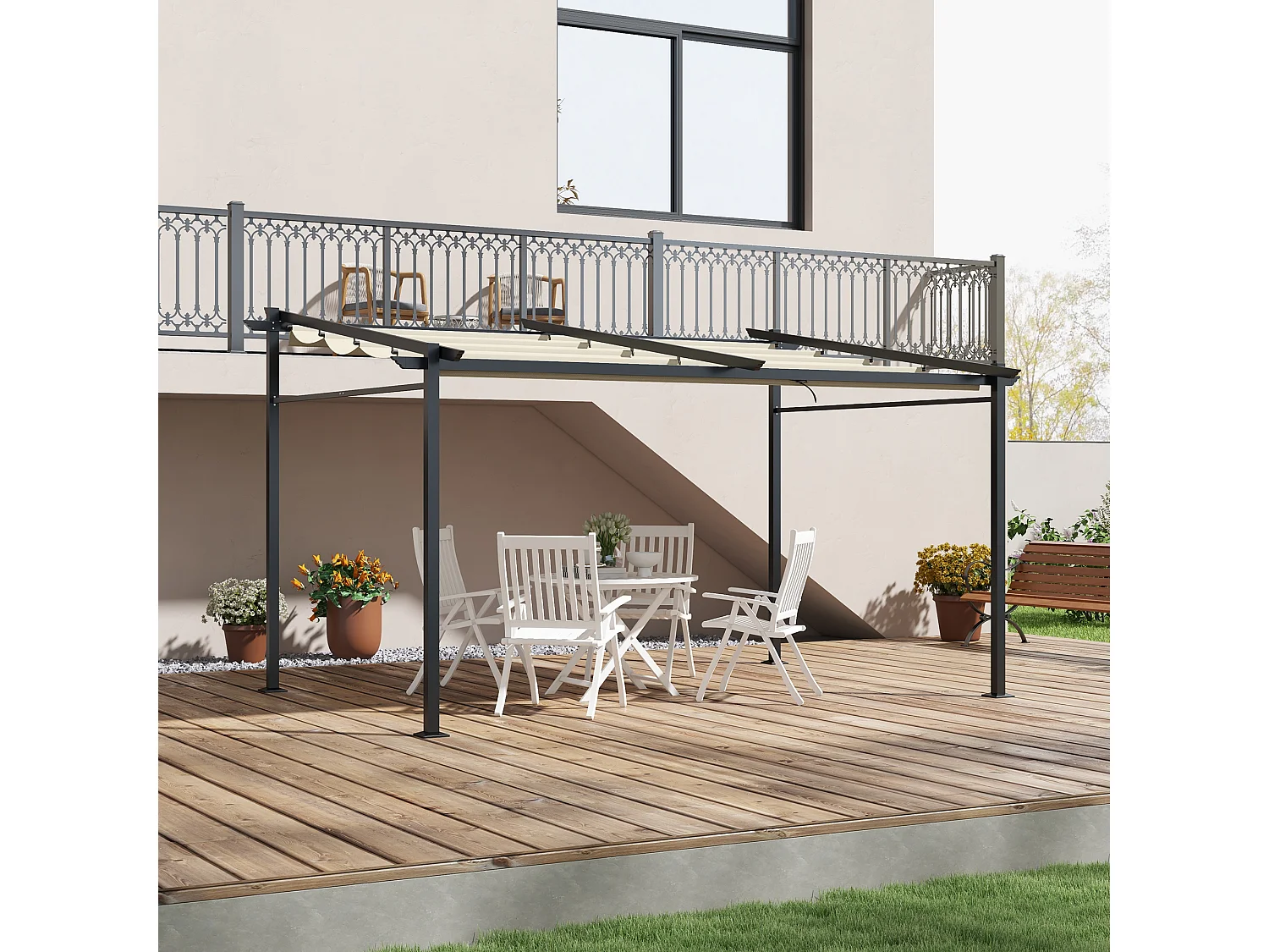Pergola rétractable 3,97L x 2,95l x 2,3H m structure alu. métal époxy polyester beige