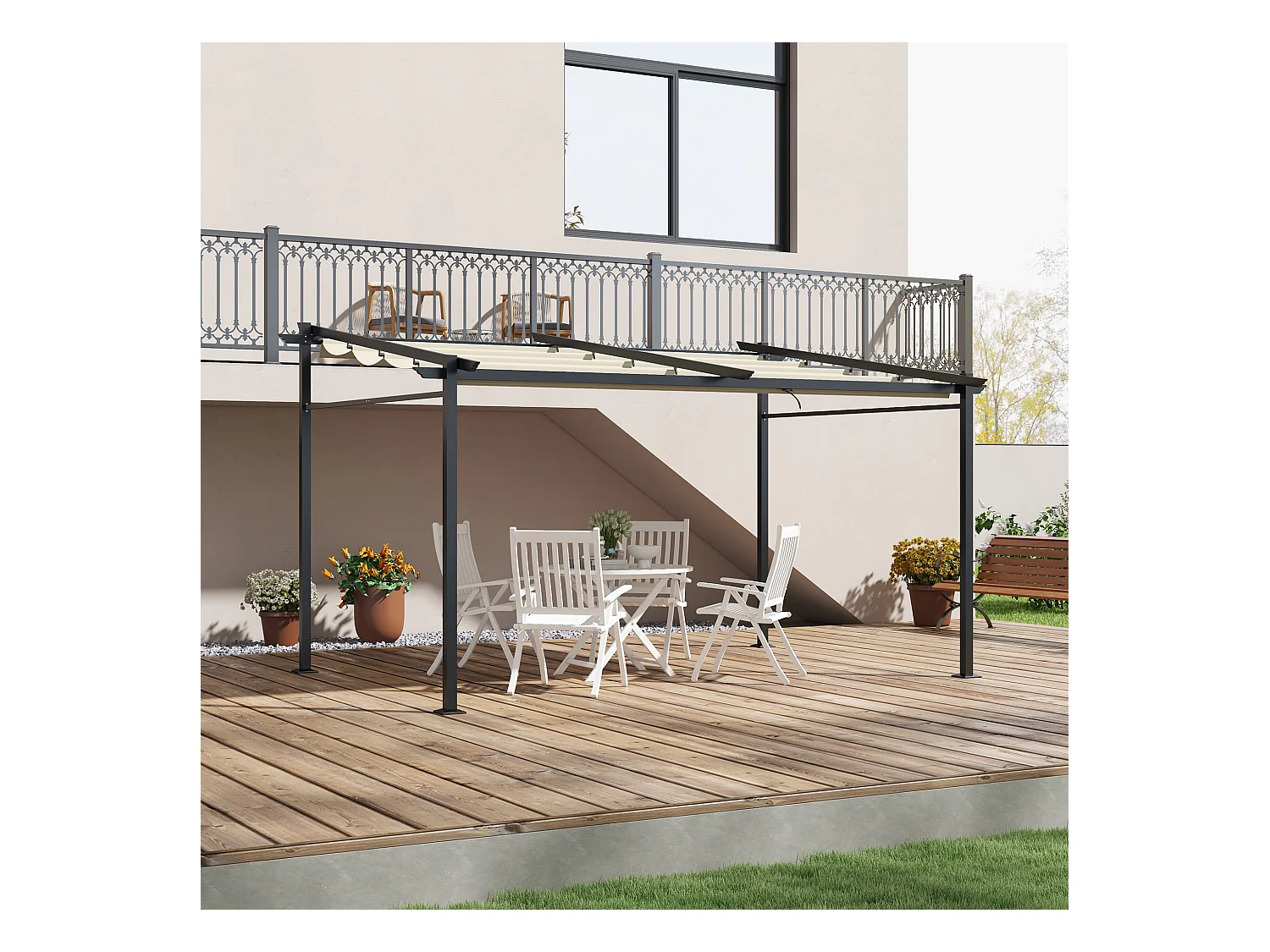 Pergola rétractable 3,97L x 2,95l x 2,3H m structure alu. métal époxy polyester beige