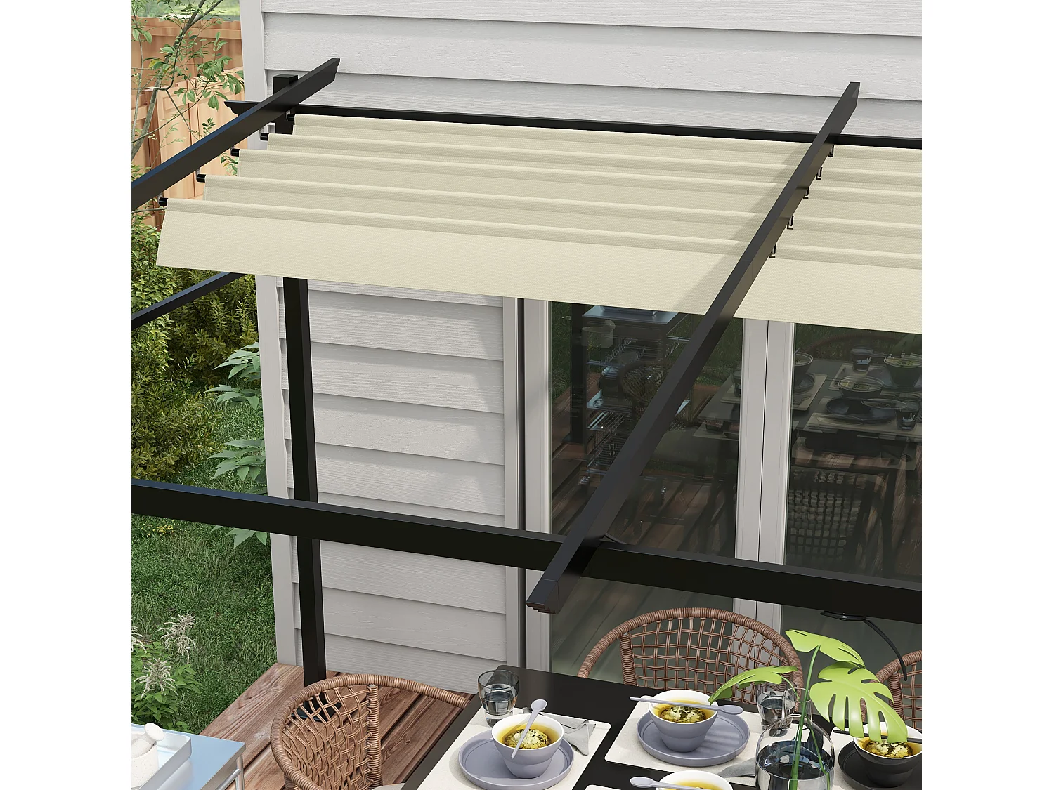 Pergola rétractable 3,97L x 2,95l x 2,3H m structure alu. métal époxy polyester beige