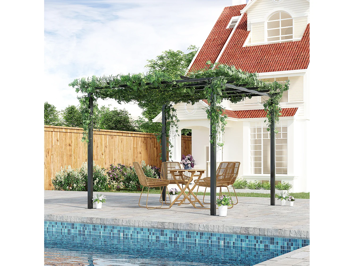 Pergola autoportante style contemporain - toit terrasse à décorer - dim. 3L x 3l x 2,3H m - métal époxy anticorrosion noir