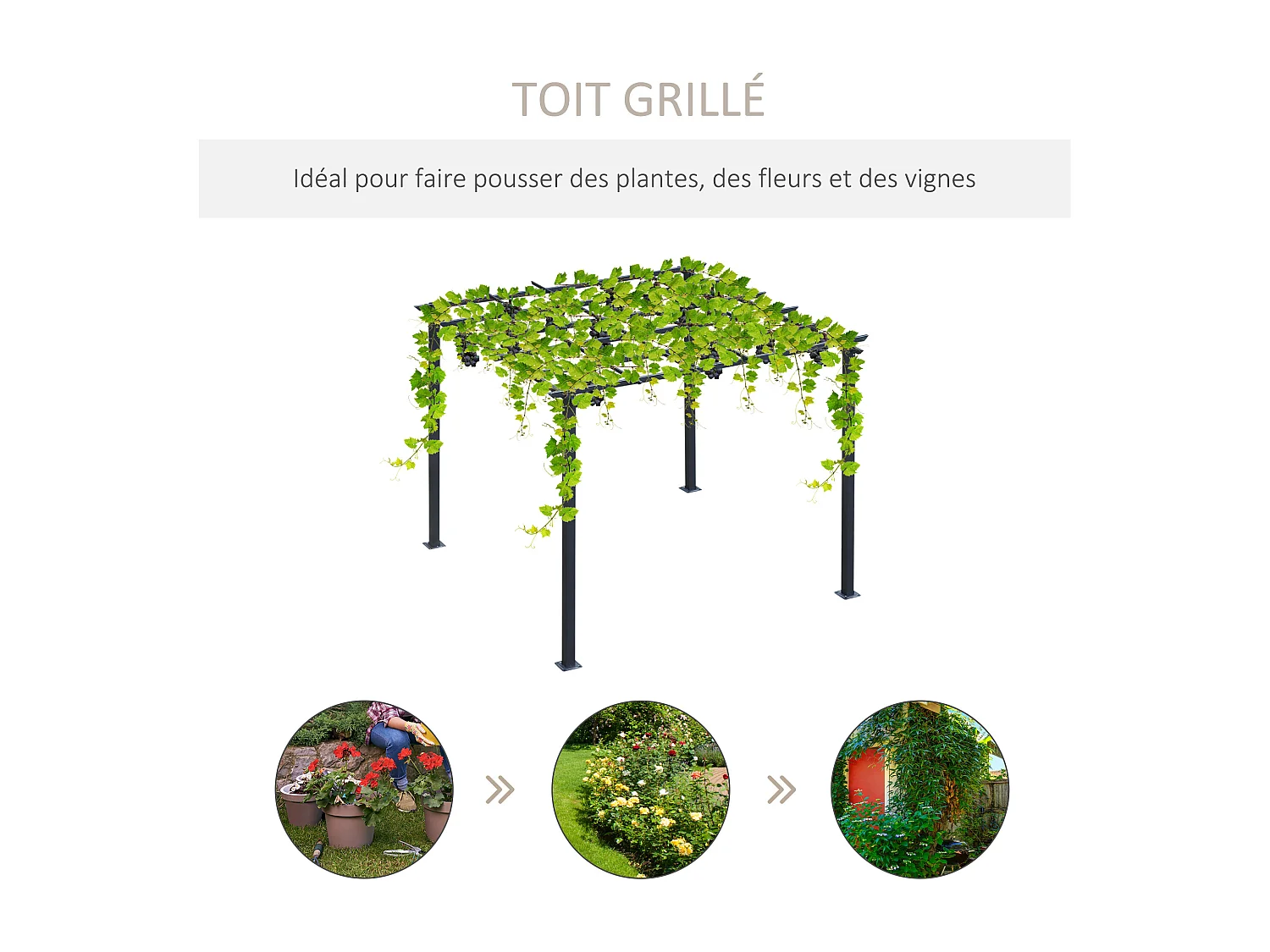 Pergola autoportante style contemporain - toit terrasse à décorer - dim. 3L x 3l x 2,3H m - métal époxy anticorrosion noir