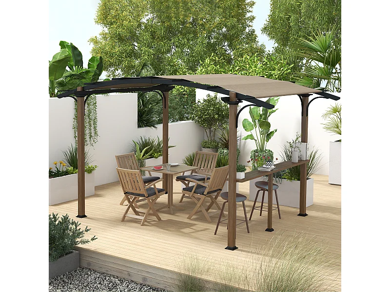 Pergola avec comptoir toit arche alu acier aspect bois noir toile grège