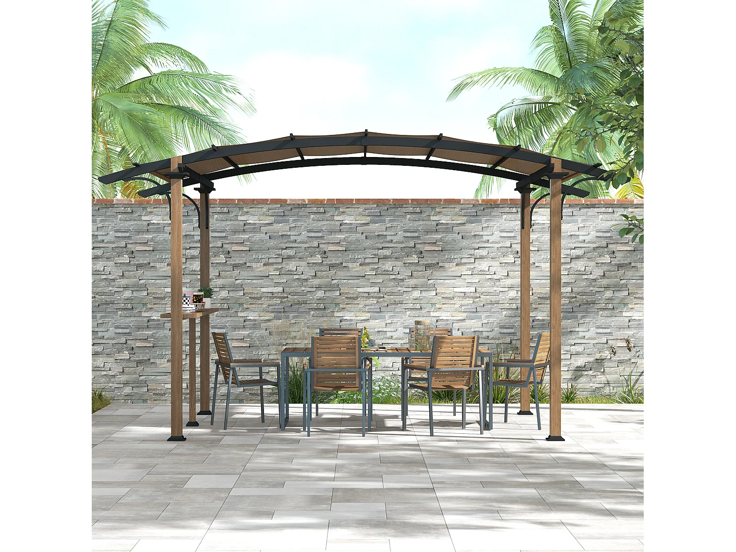 Pergola avec comptoir toit arche alu acier aspect bois noir toile grège