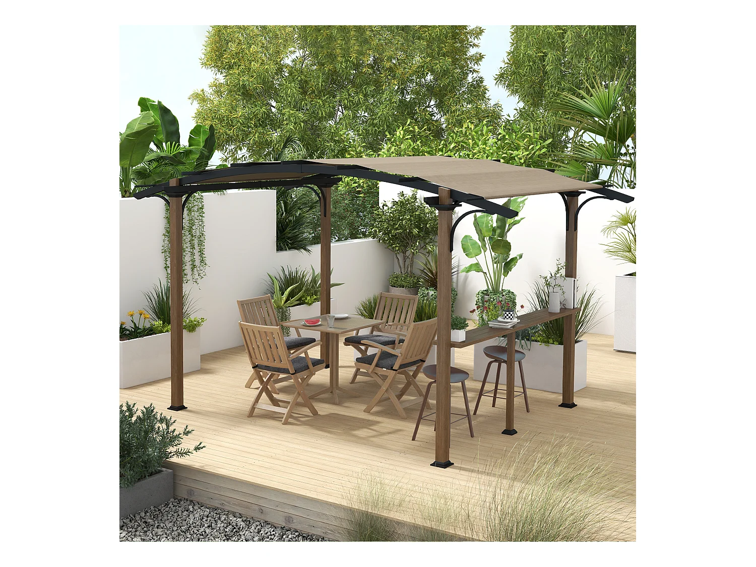 Pergola avec comptoir toit arche alu acier aspect bois noir toile grège