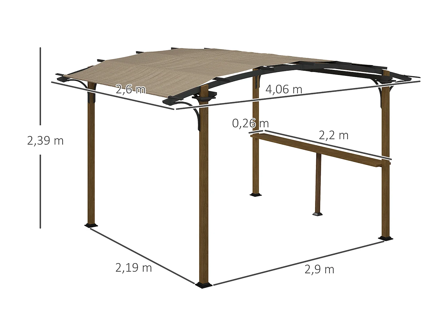 Pergola avec comptoir toit arche alu acier aspect bois noir toile grège