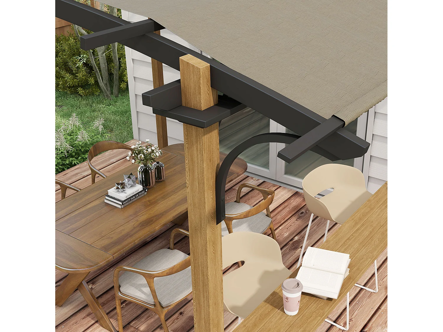 Pergola avec comptoir toit arche alu acier aspect bois noir toile grège