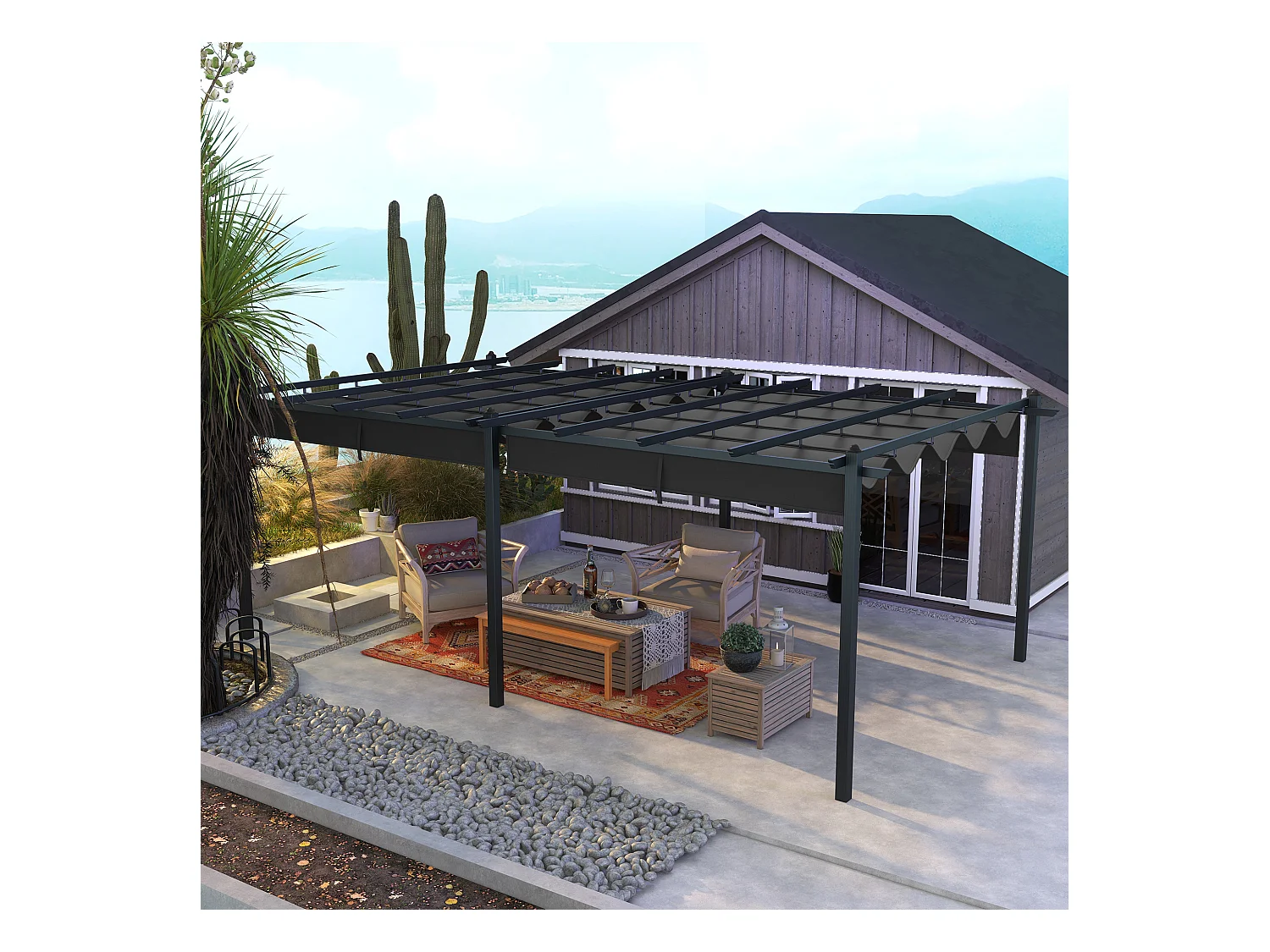 Pergola rétractable dim. 5,97L x 3,58l x 2,23H m structure robuste alu toile polyester haute densité 180 g/m² incluse gris