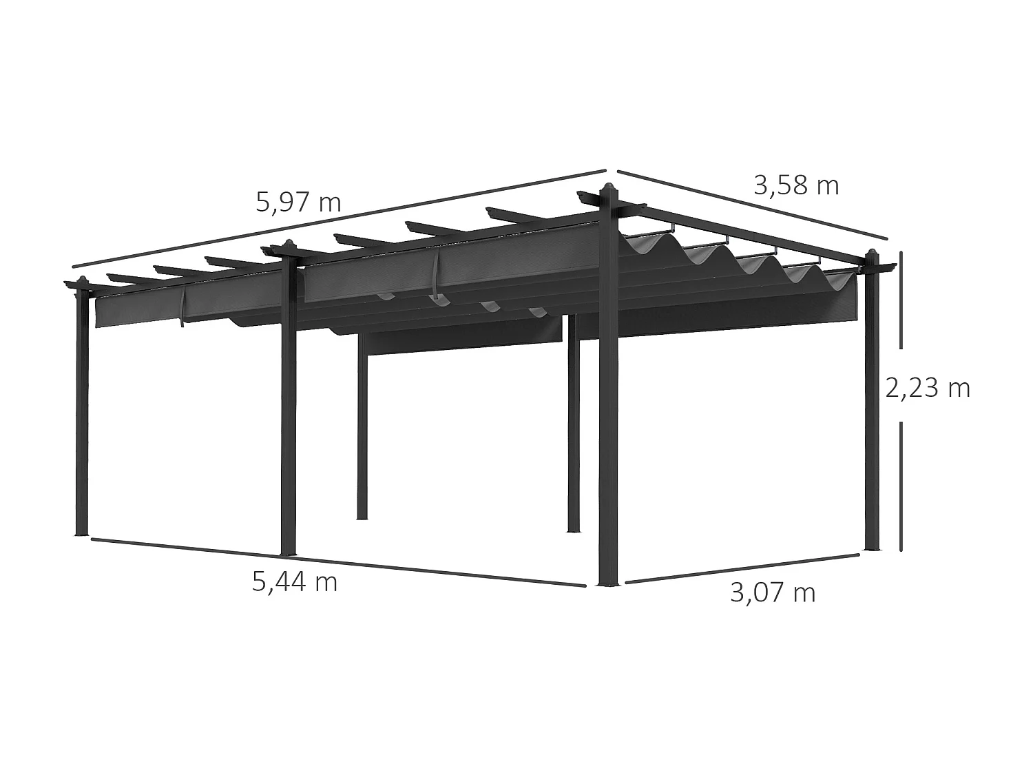 Pergola rétractable dim. 5,97L x 3,58l x 2,23H m structure robuste alu toile polyester haute densité 180 g/m² incluse gris