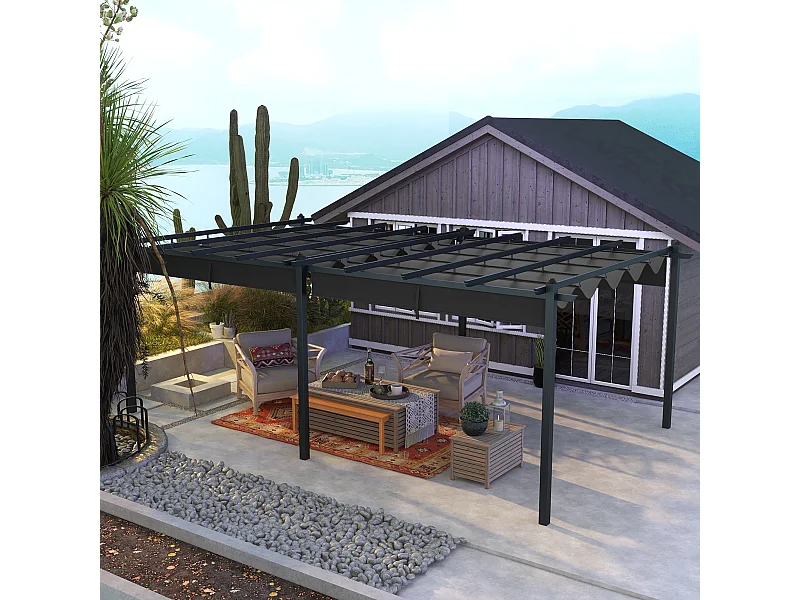 Pergola rétractable dim. 5,97L x 3,58l x 2,23H m structure robuste alu toile polyester haute densité 180 g/m² incluse gris